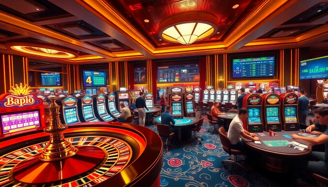 Engaging casino scene showcasing players at tables with cards and roulette at https://nk88zz.bio/.
