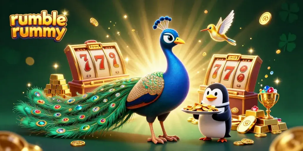 Experience the excitement of rumble rummy with vibrant slot elements and charming characters in a dynamic scene.