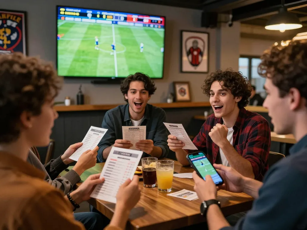 Friends enjoying a sports betting night, engaging with m102 odds while cheering on their team.