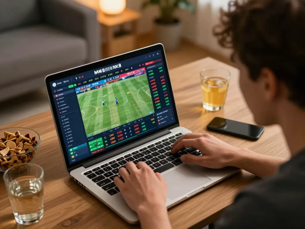 Engaging user placing bets on MK8 online sports betting platform, modern home office ambiance.