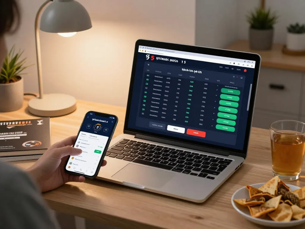 Tỷ lệ kèo nhà cái 5 displayed on an online betting platform during a cozy home gaming session.