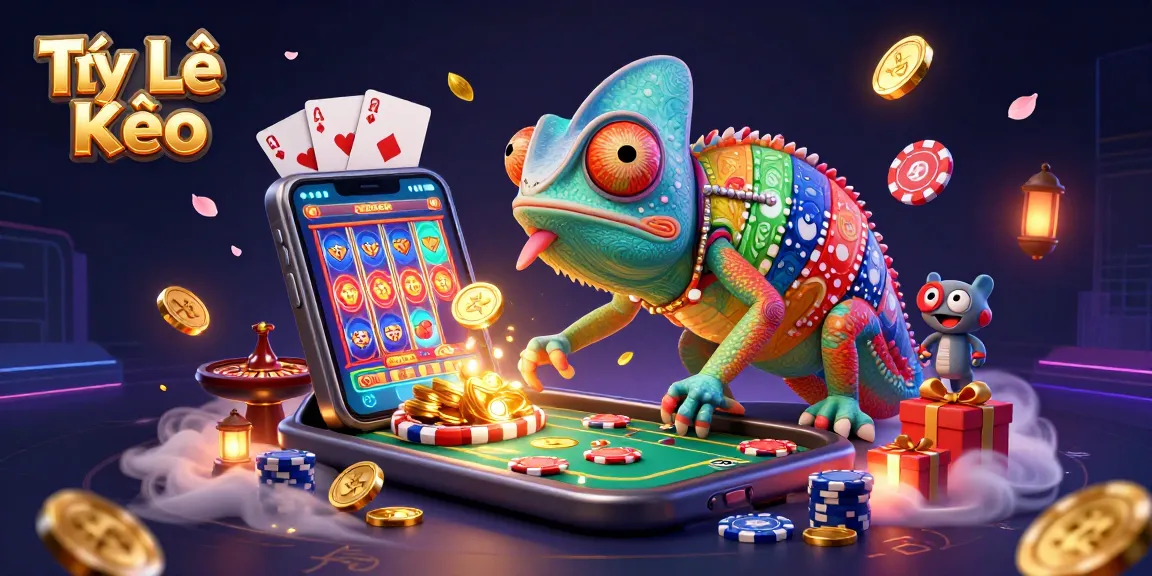 Tỷ Lệ Kèo showcases the vibrant energy of a casino scene with a chameleon owner and slot games.