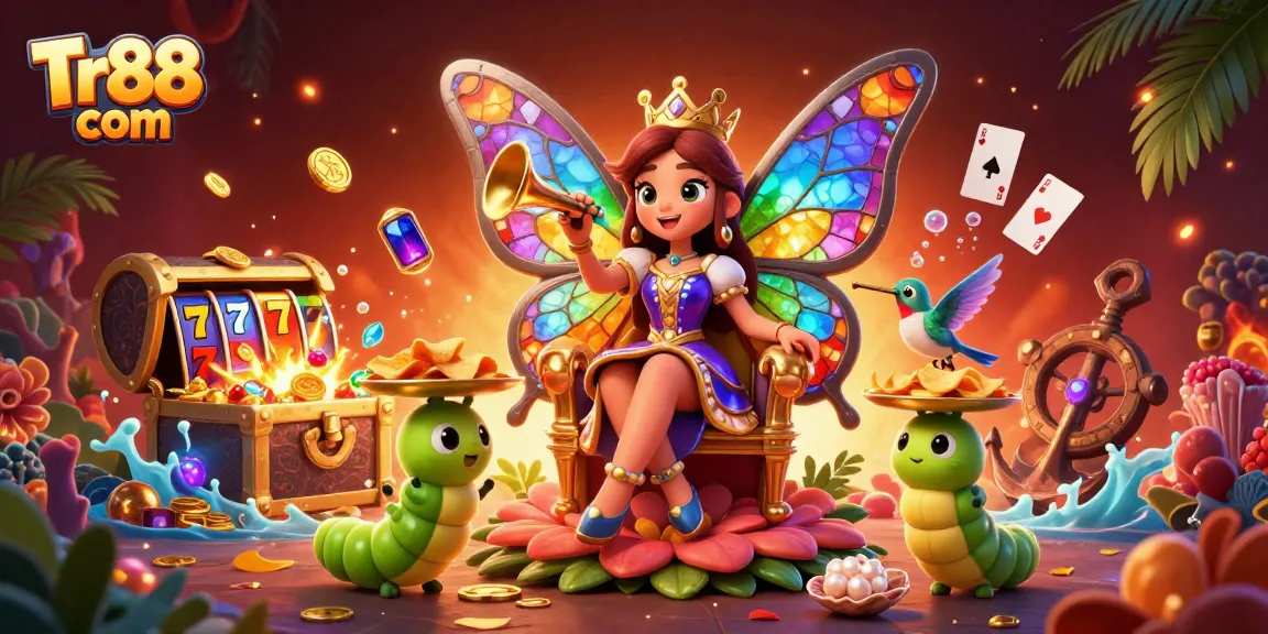 Win big at Tr88 com with the royal butterfly queen surrounded by colorful casino elements.