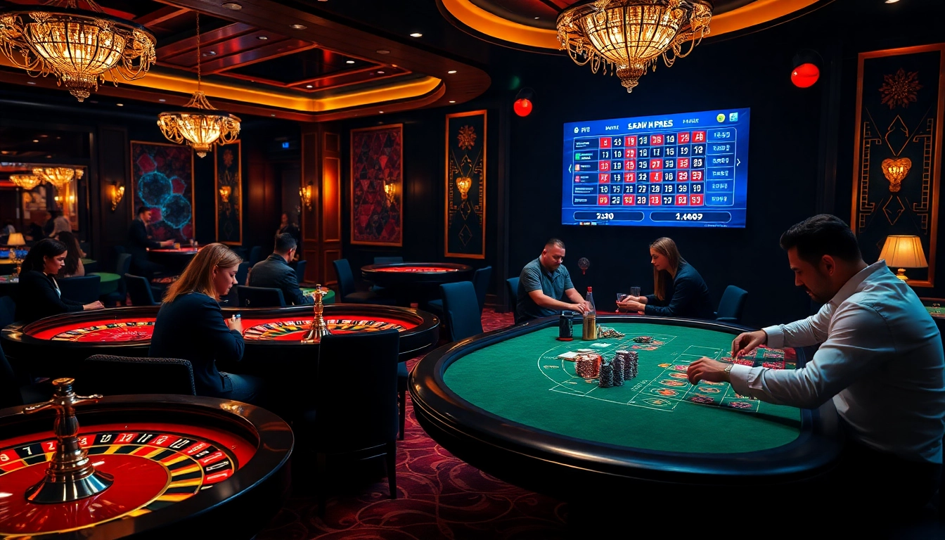 A stunning casino interior with players at tables and online betting interface, featuring https://s8vn.press/ prominently.