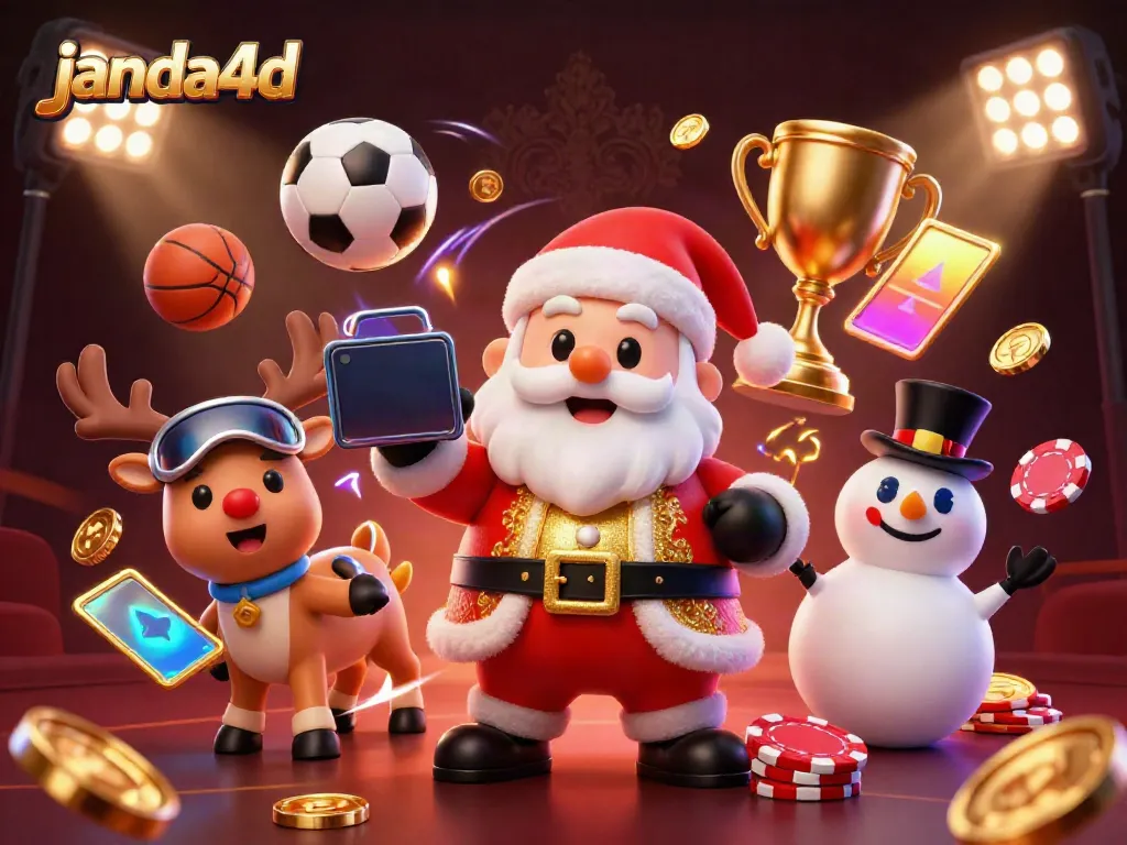 Ilustrasi 3D janda4d menampilkan Santa Claus ceria dengan perangkat kasino, bola olahraga, dan efek cahaya dinamis.