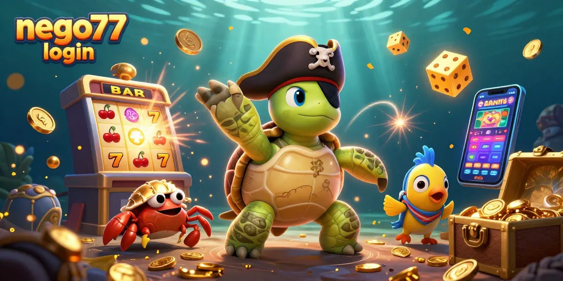 Experience the thrill of gambling with nego77 login, featuring 3D pirate turtle, crab, and fish amidst slot action!