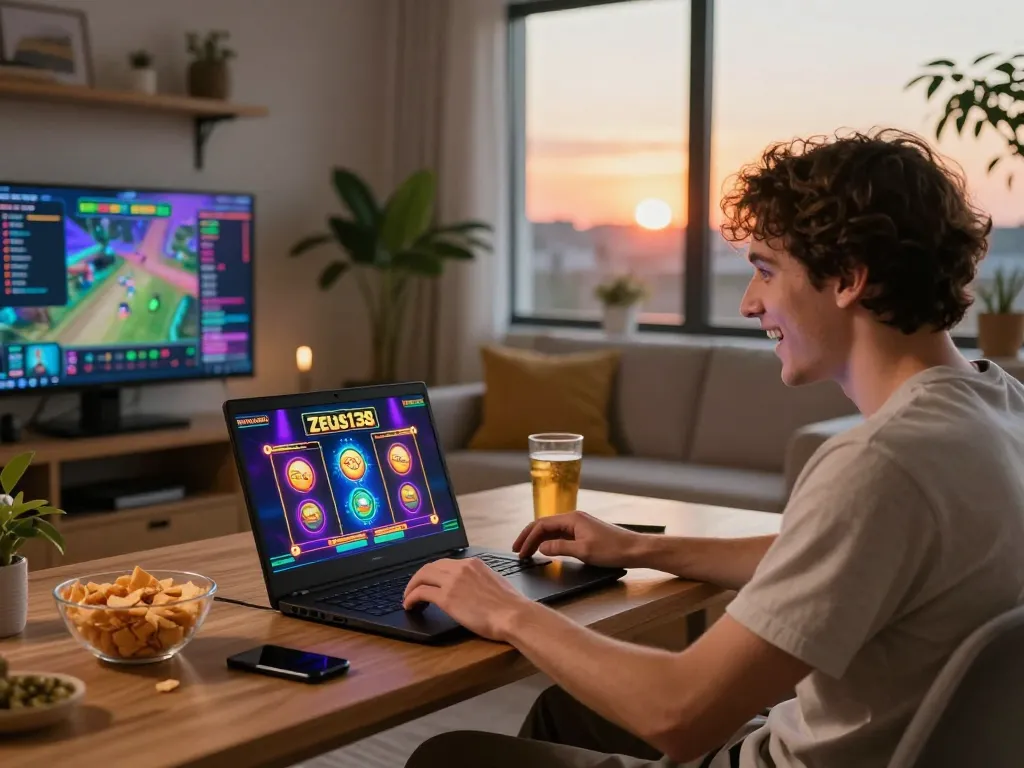 Engaged player enjoying Zeus138 online slots with vibrant graphics in cozy living room setting.