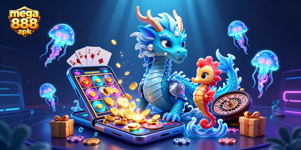 Mega 888 apk brings thrilling casino excitement with vibrant dragon, jellyfish, and dynamic gaming elements.