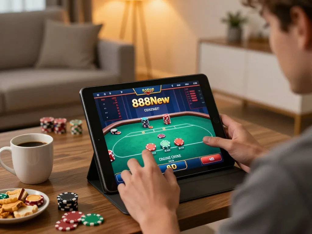 Engaged player enjoying 888New poker on tablet in cozy indoor setup, blending comfort and excitement.