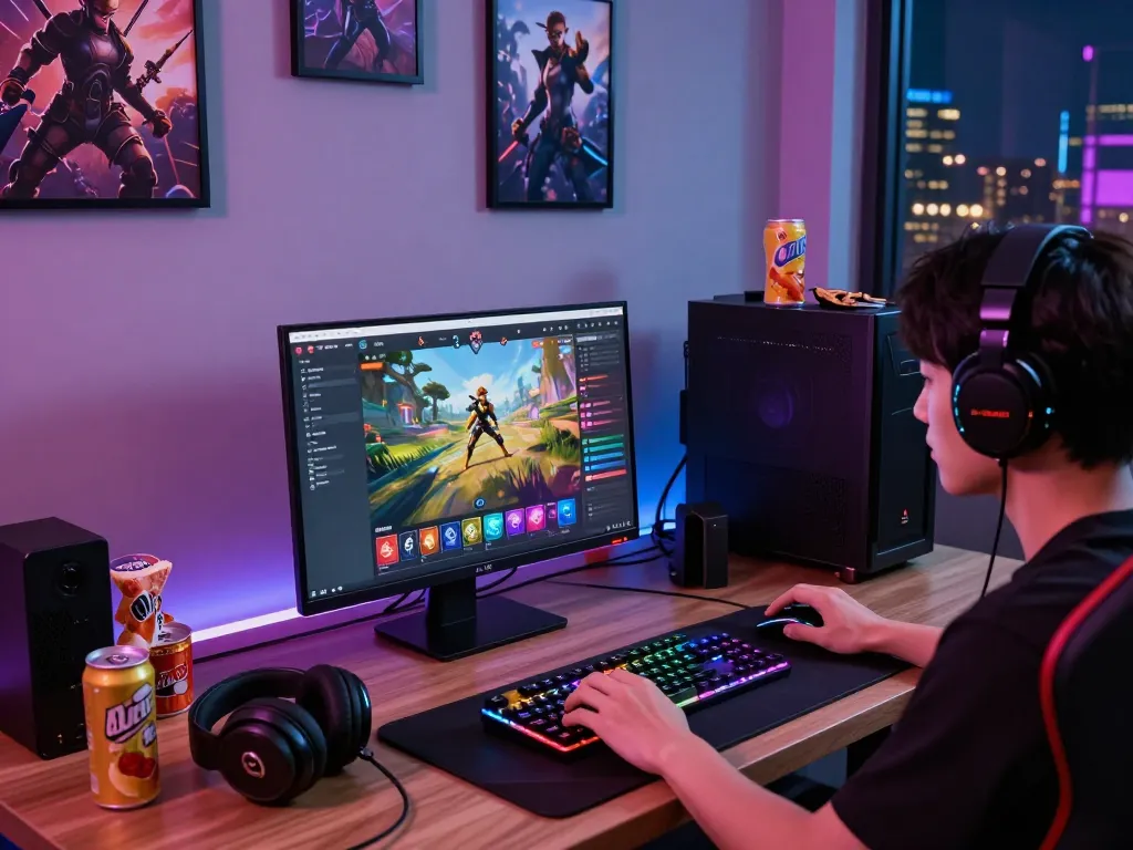 Gamer engaged on SKY88 platform with modern gaming setup and vibrant decor.