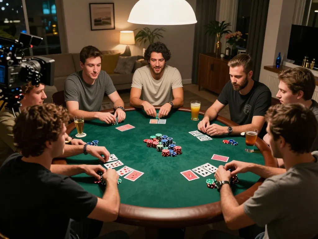 Players enjoying a strategic game of poker at home, featuring iwin club branding on the cards.