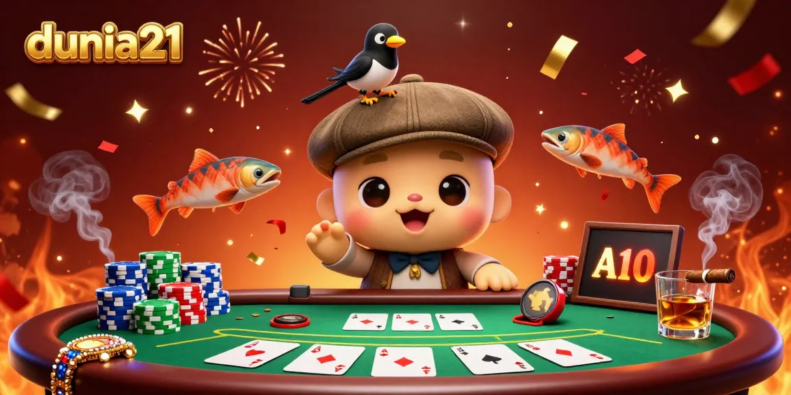 dunia21 showcases a vibrant casino scene with cartoon characters, poker elements, and a festive atmosphere.