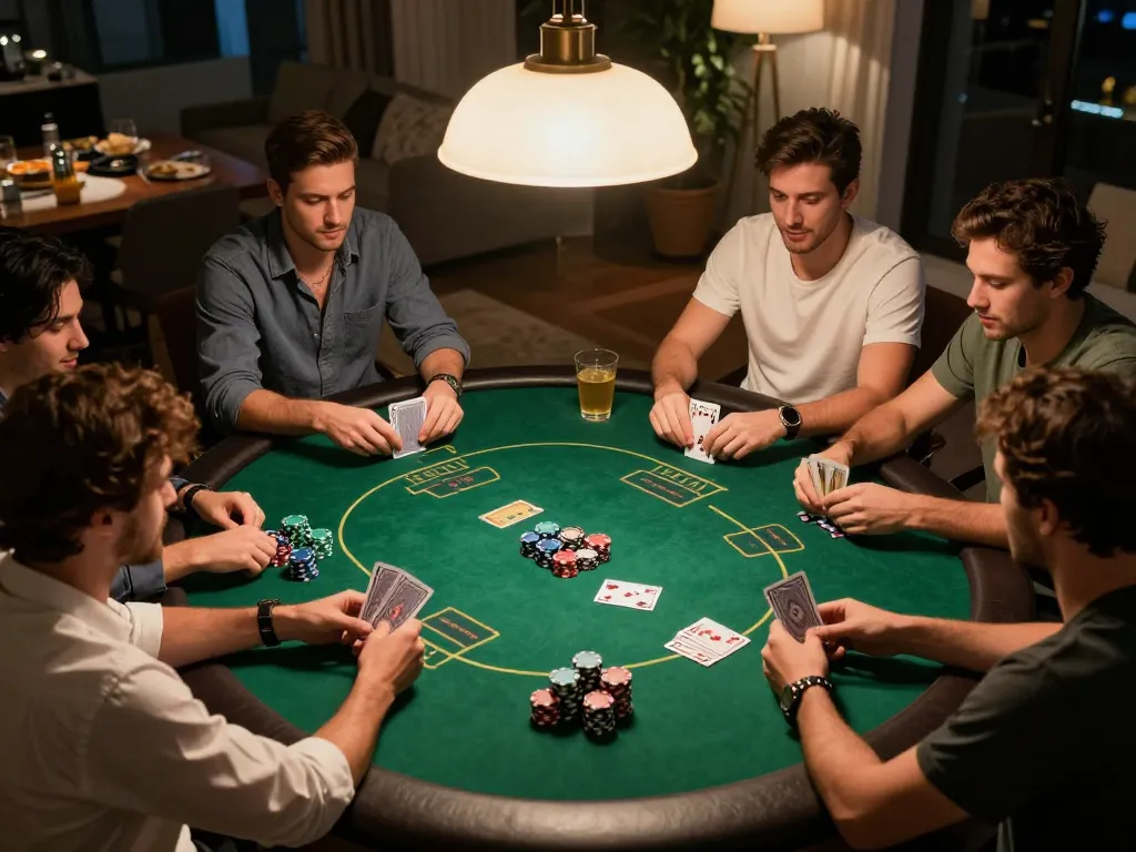Friends engage in a Texas Hold'em game at home, showcasing situs mposport atmosphere with casual poker excitement.