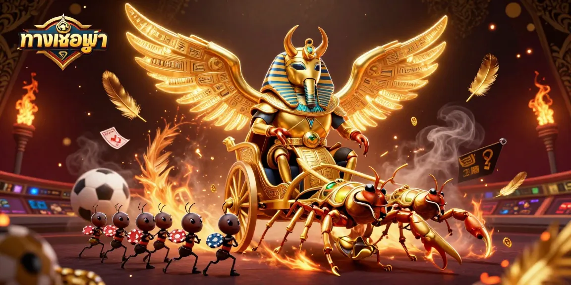 Engage with ทางเข้ายูฟ่า for thrilling sports betting action featuring gold-themed characters and vibrant casino elements.