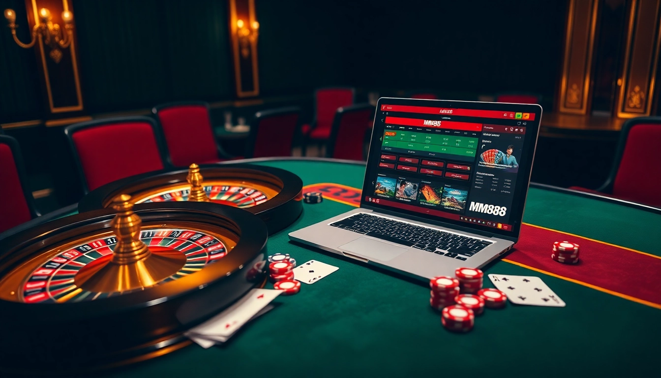 Experience thrilling online betting with MM88, featuring an elegant casino setup and vibrant gaming elements.