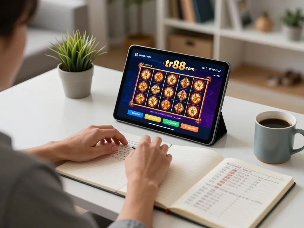 Engaging in online gaming at tr88 com with a tablet showing slot games in a cozy setup