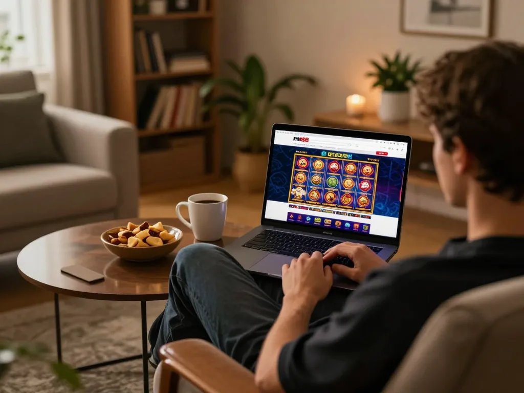 Enjoying an online game at mm88 casino with a laptop and snacks in a cozy home