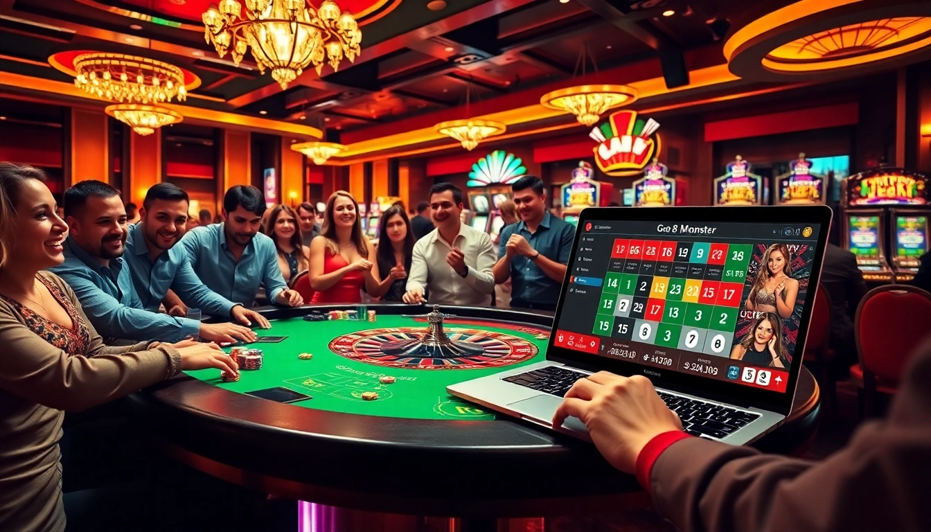 Gambling excitement at go8.monster with players enjoying roulette and slot machines.