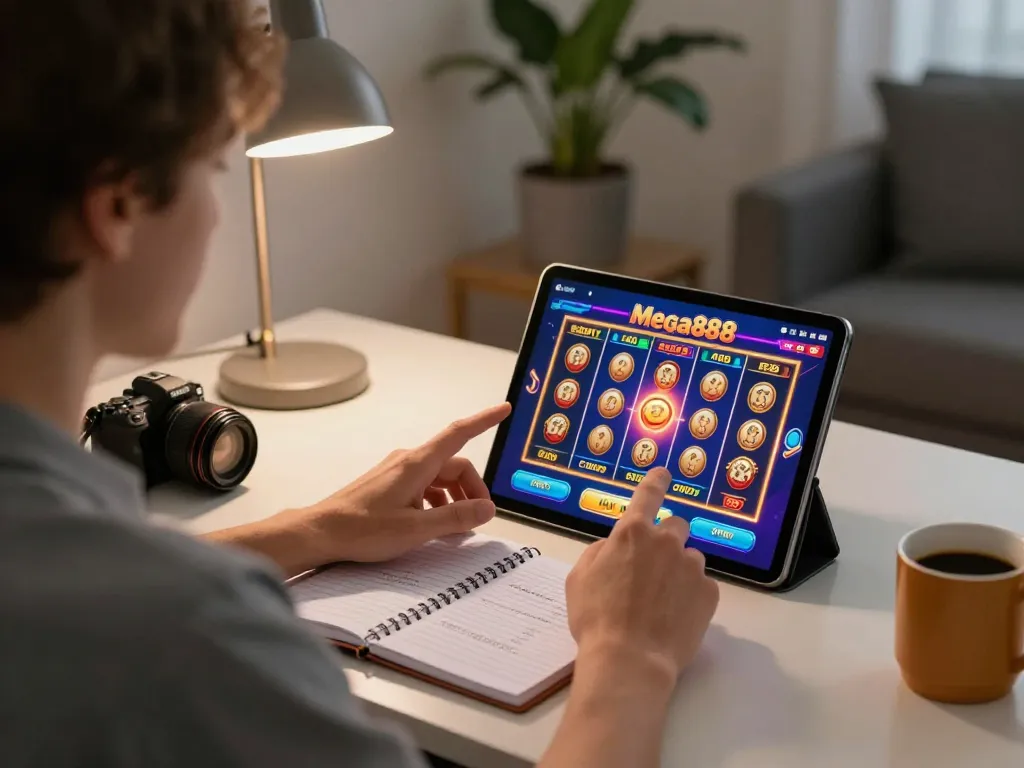 Mega888 user engaging in online slot game on tablet with strategy notes, enjoying home gaming.