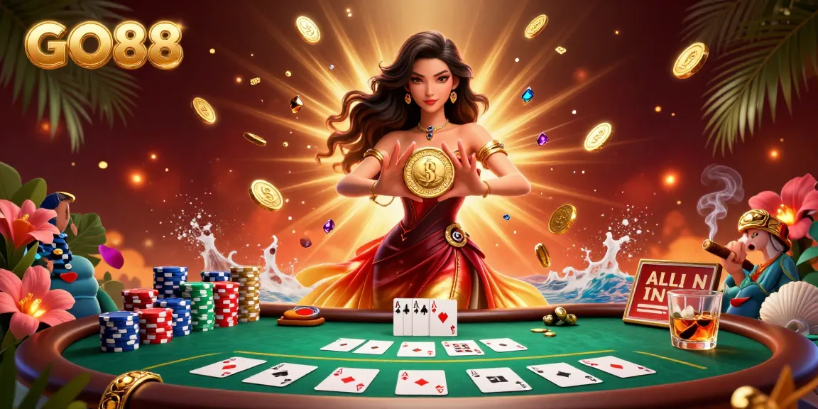 Experience GO88's stunning casino scene with vibrant colors, golden coins, and rich game elements.