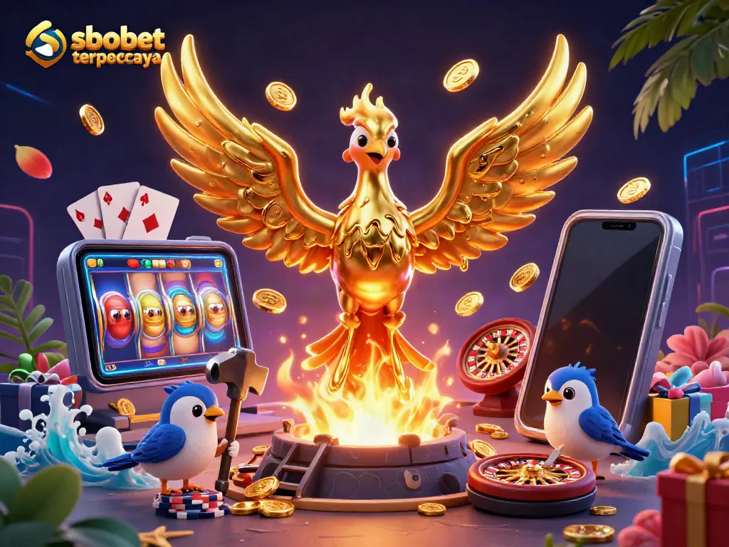 Experience sbobet terpercaya with a molten golden phoenix amidst dynamic casino elements, symbolizing winning strategies.