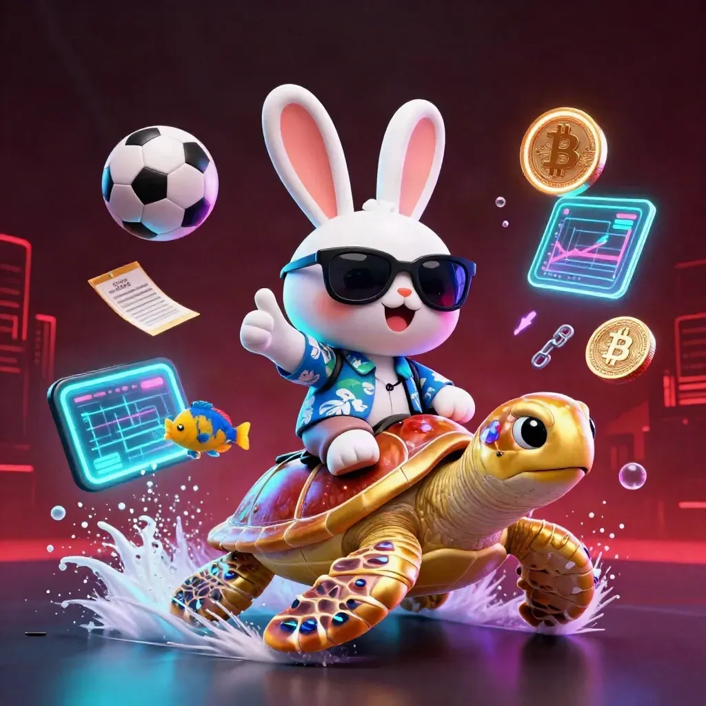 Lucky rabbit on gold sea turtle with coins, sports balls, neon glow, and casino effects