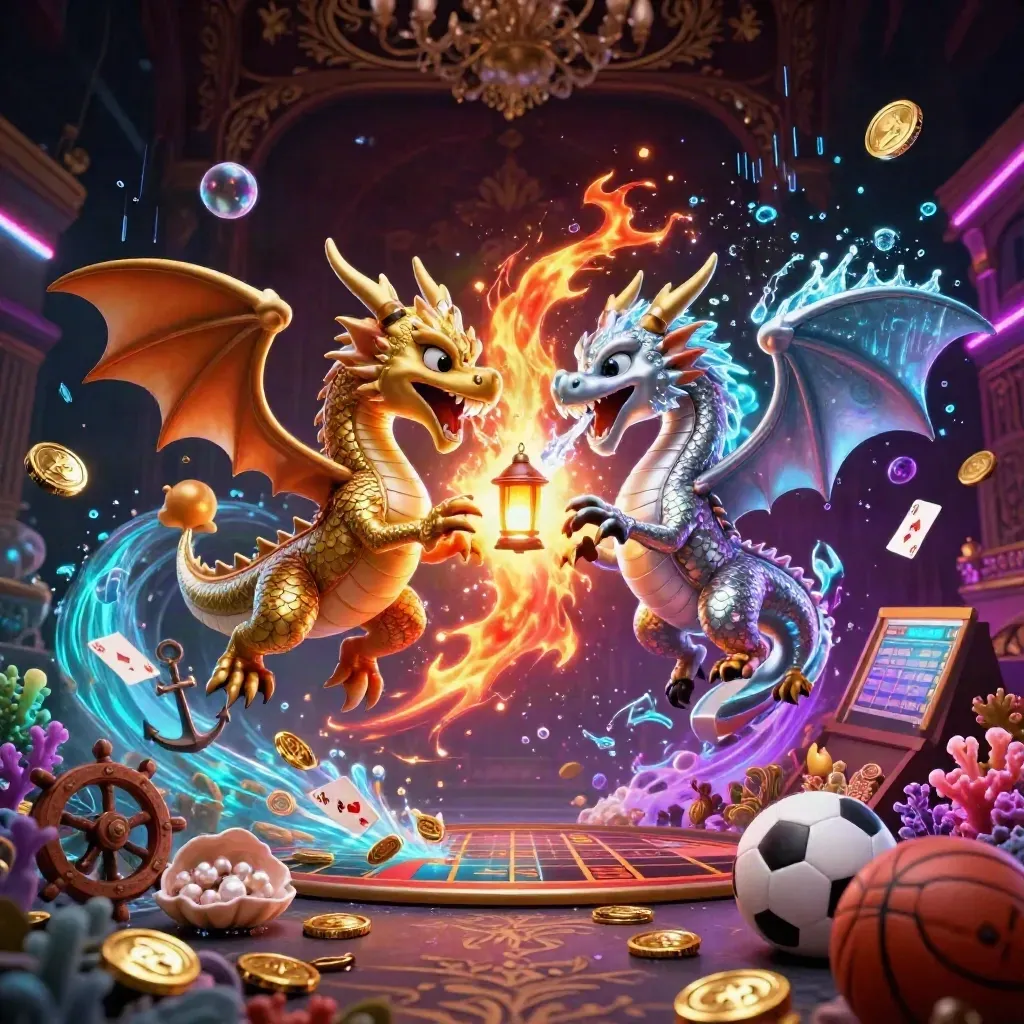 Gold and silver dragons clash mid-flight in neon casino treasure chaos with coins, cards, and glowing effects