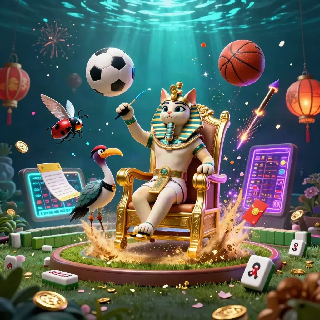 Pharaoh cat, ibis scribe, and gem-winged scarabs amid flying balls and neon casino effects.