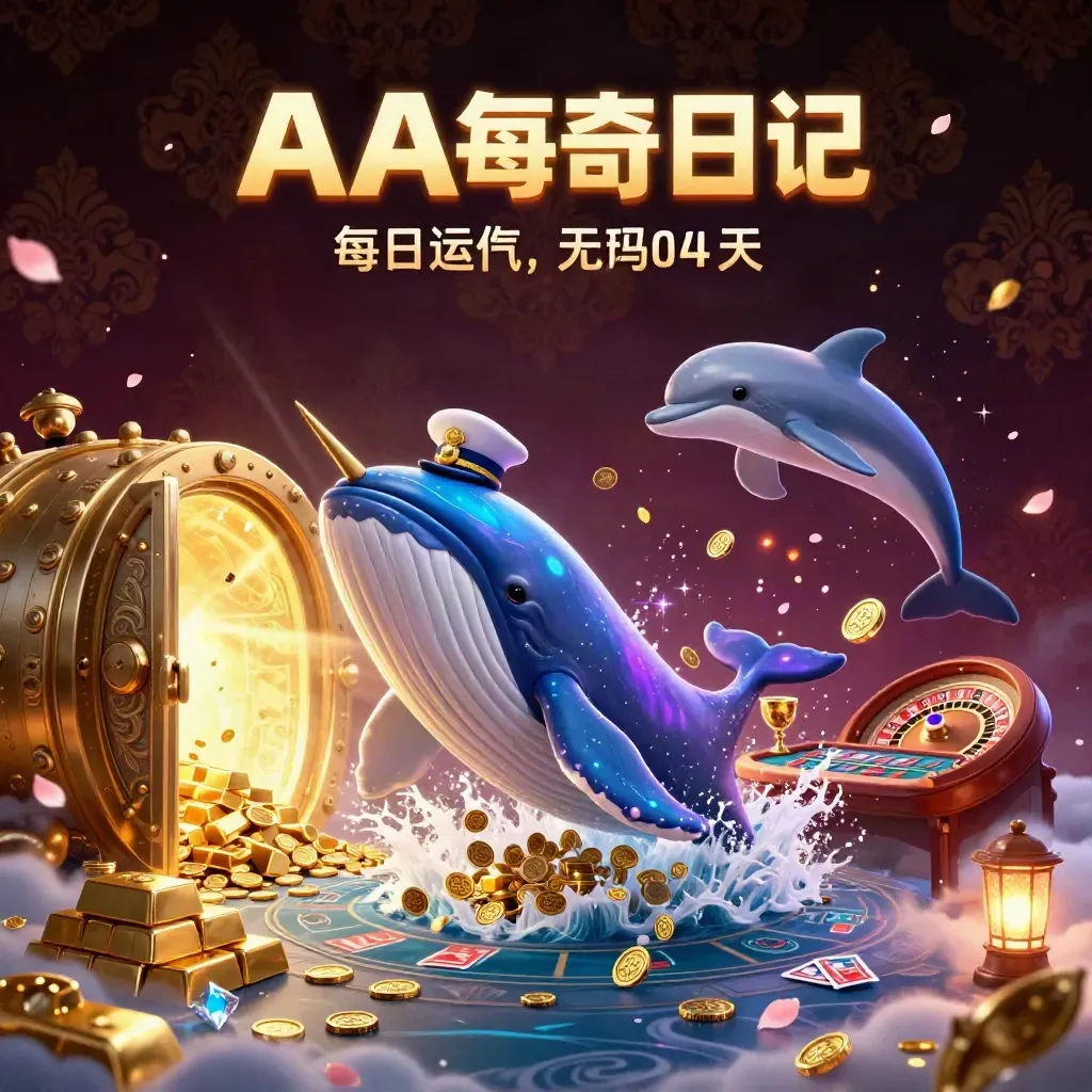 Whale captain, narwhal, and dolphins burst from coins amid treasure and neon casino light.