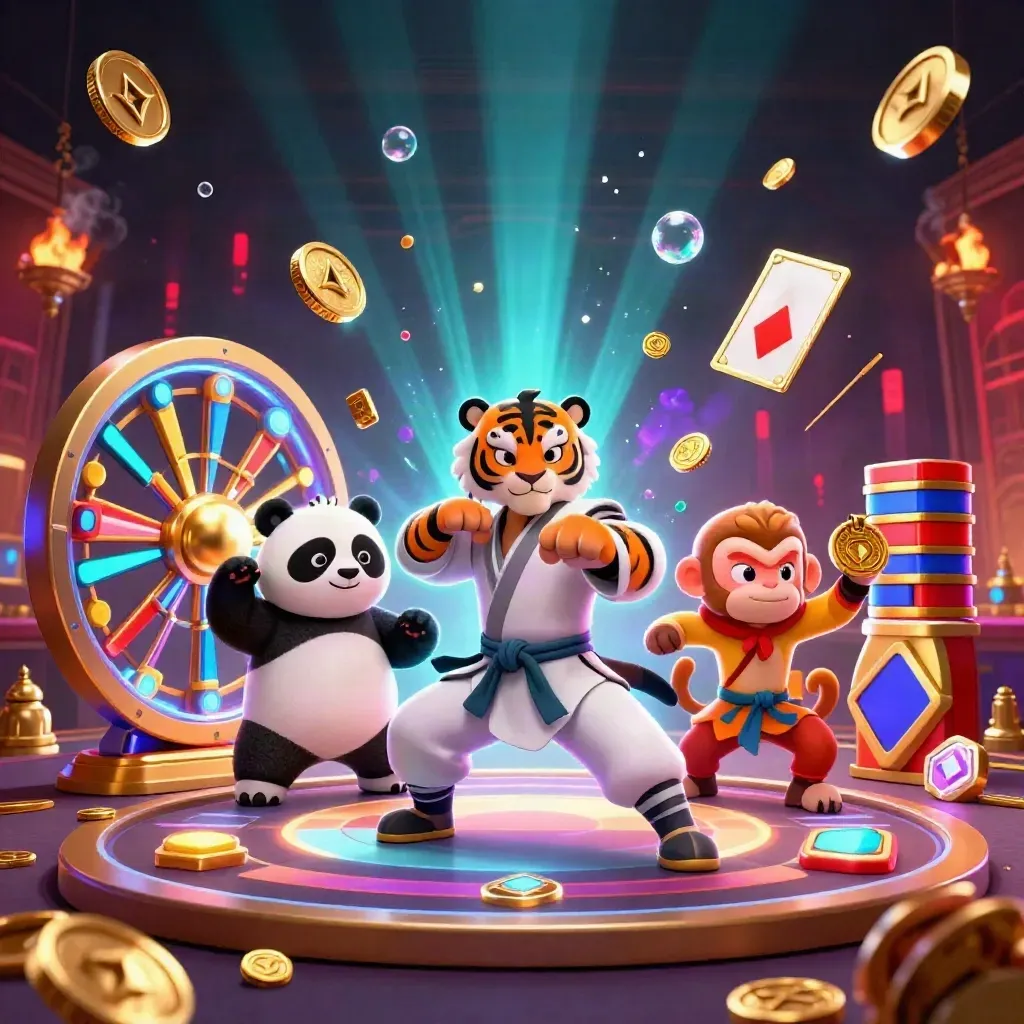 Tiger, panda and monkey casino heroes in a neon high-stakes room with coins, gems and spinning roulette.