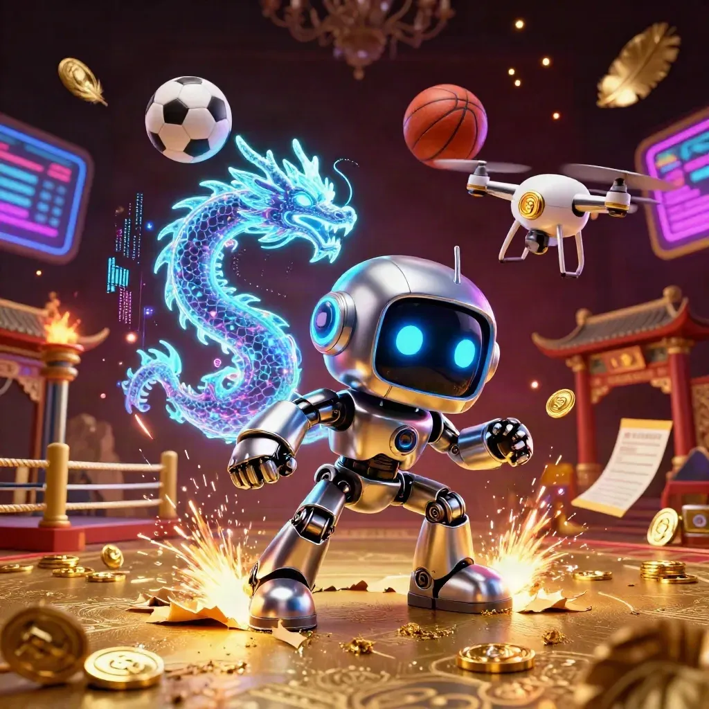 Cyberpunk robot, holographic dragon, drone, flying soccer ball and basketball amid gold sparks