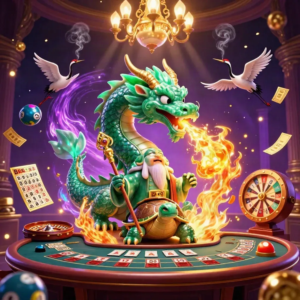 Jade dragon, turtle sage, and cranes amid casino magic, gold fire, and neon casino lights.