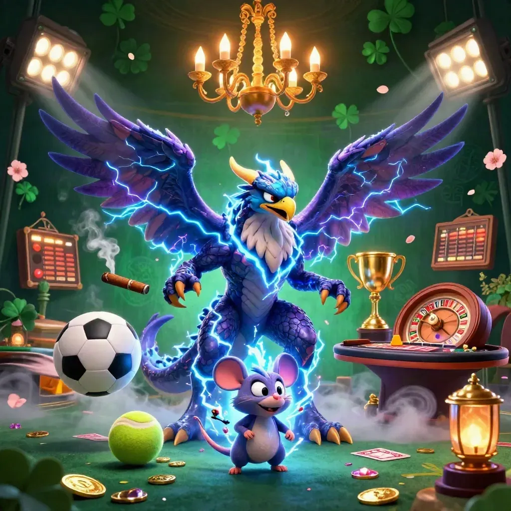 Thunder dragon trio in a neon casino room with trophy, sports balls, and a spinning roulette wheel