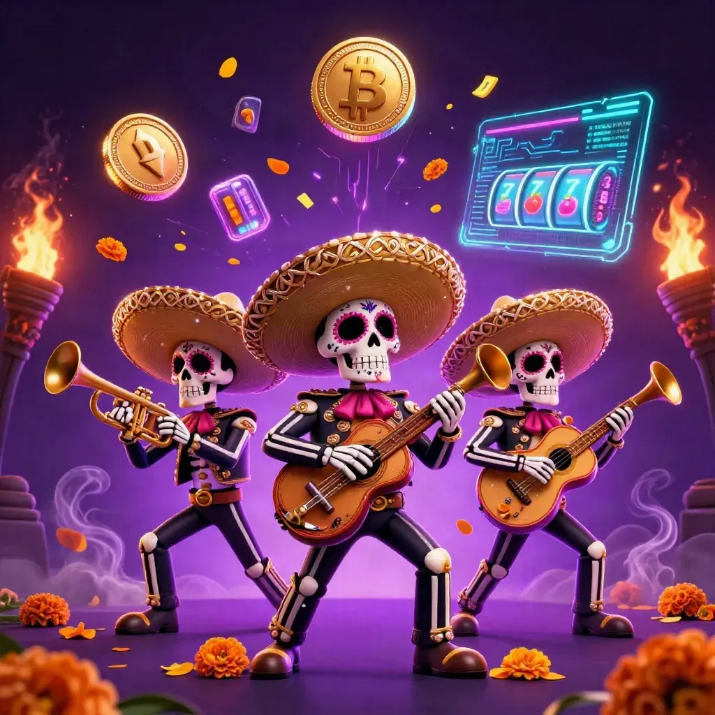Skeleton mariachi trio amid neon coins, slot symbols, and purple casino energy.