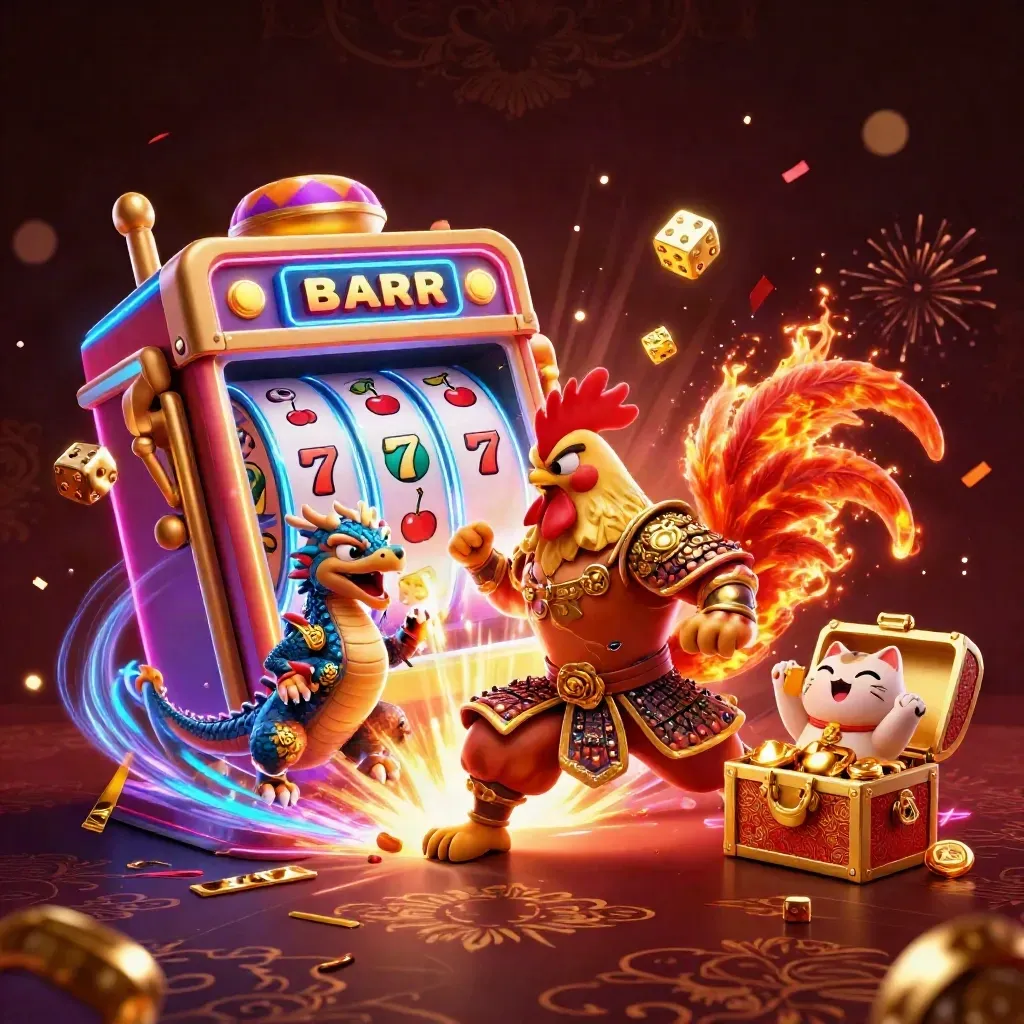 Rooster samurai, dragon hatchling and fortune-cat amid exploding slots and gold on a dark luxe casino backdrop.