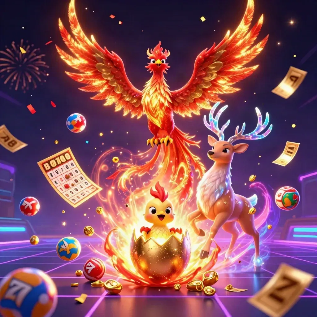 Phoenix, hatching chick, and crystal stag amid casino loot and neon effects.