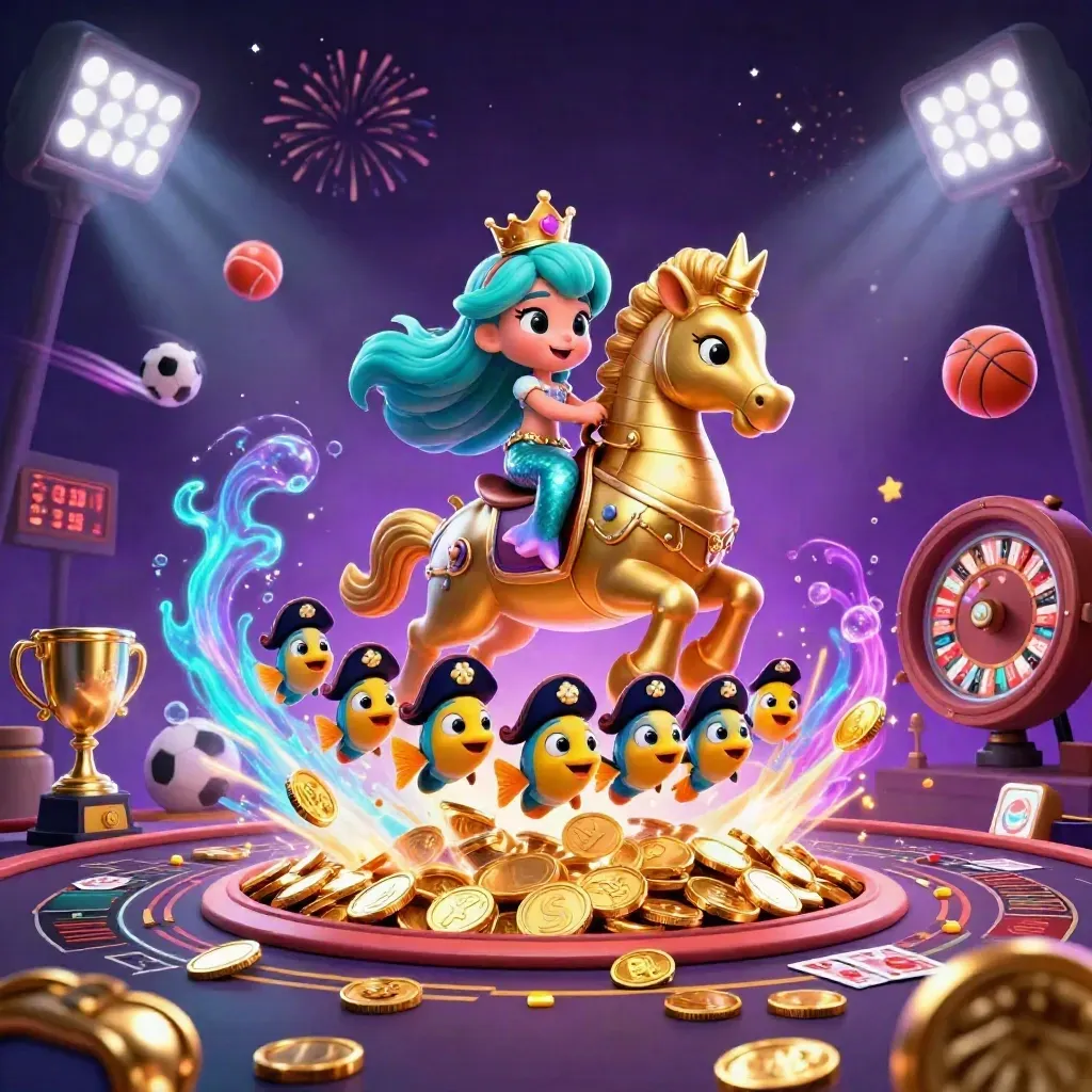 Mermaid princess on armored seahorse amid coins, sports balls, roulette wheel, fireworks and neon glow