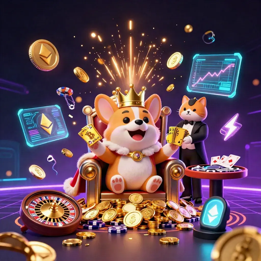 Crowned corgi and cat butler amid exploding coins, roulette wheel, and neon casino effects.