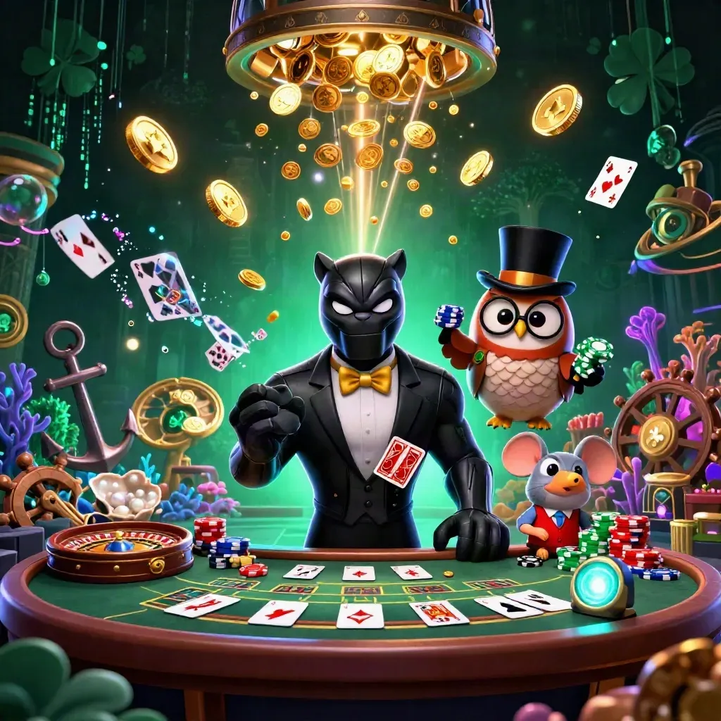 Panther, owl, and mouse in a neon coin storm with treasure cove glow and mid-spin roulette.