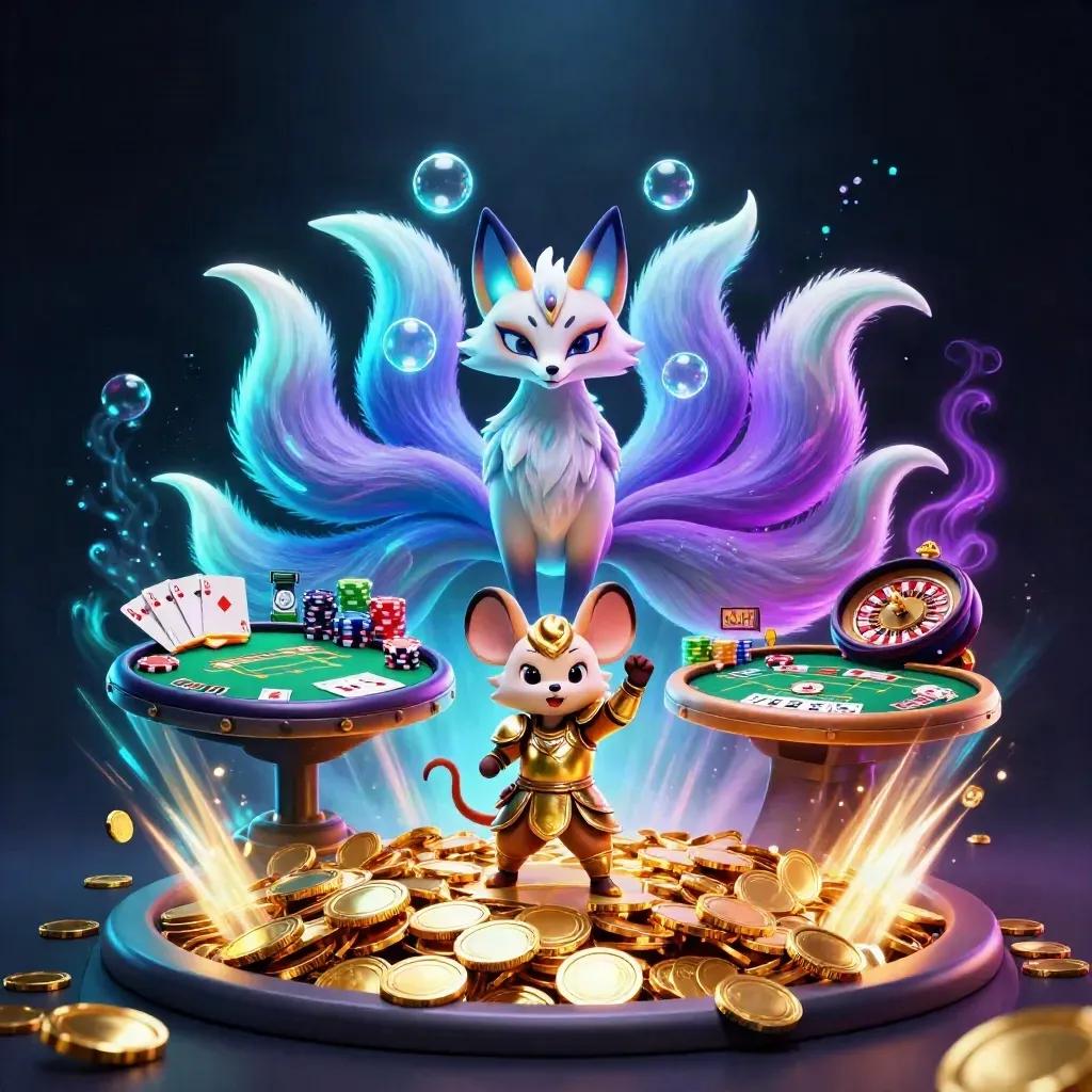 Neon fox spirit and samurai mouse amid jackpot coins, poker chips, roulette wheel and casino glow