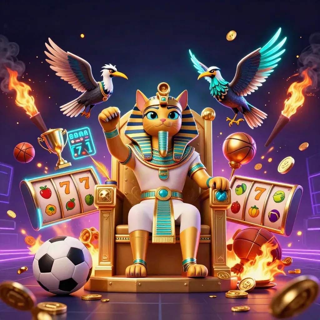 Pharaoh cat, ibis scribe and gem-winged scarabs amid casino sports chaos on a neon dark backdrop.