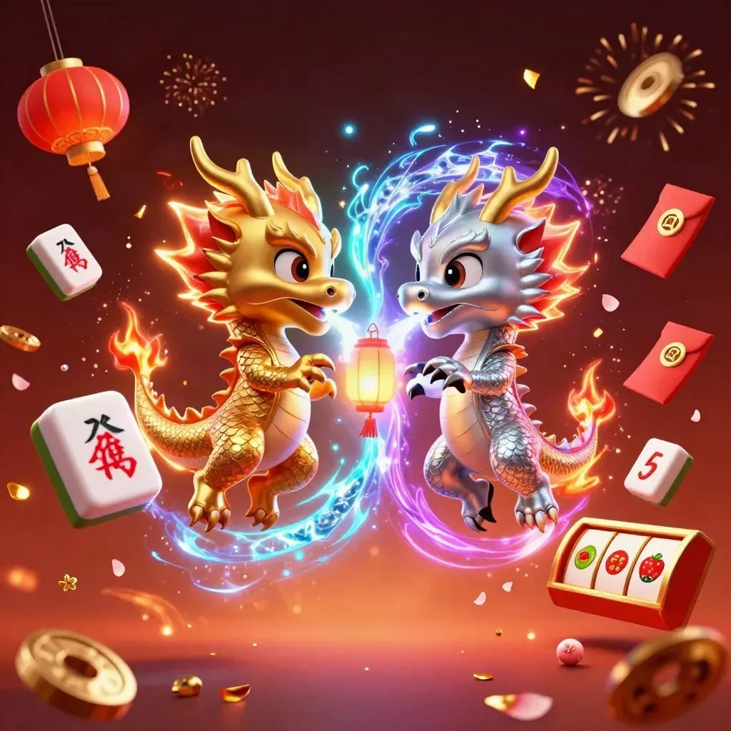 Gold and silver dragons form a fire-and-ice yin-yang amid casino symbols and lanterns