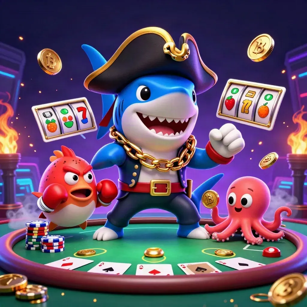 Pirate shark, boxing pufferfish, and coin-juggling octopus amid casino chips and slot reels.
