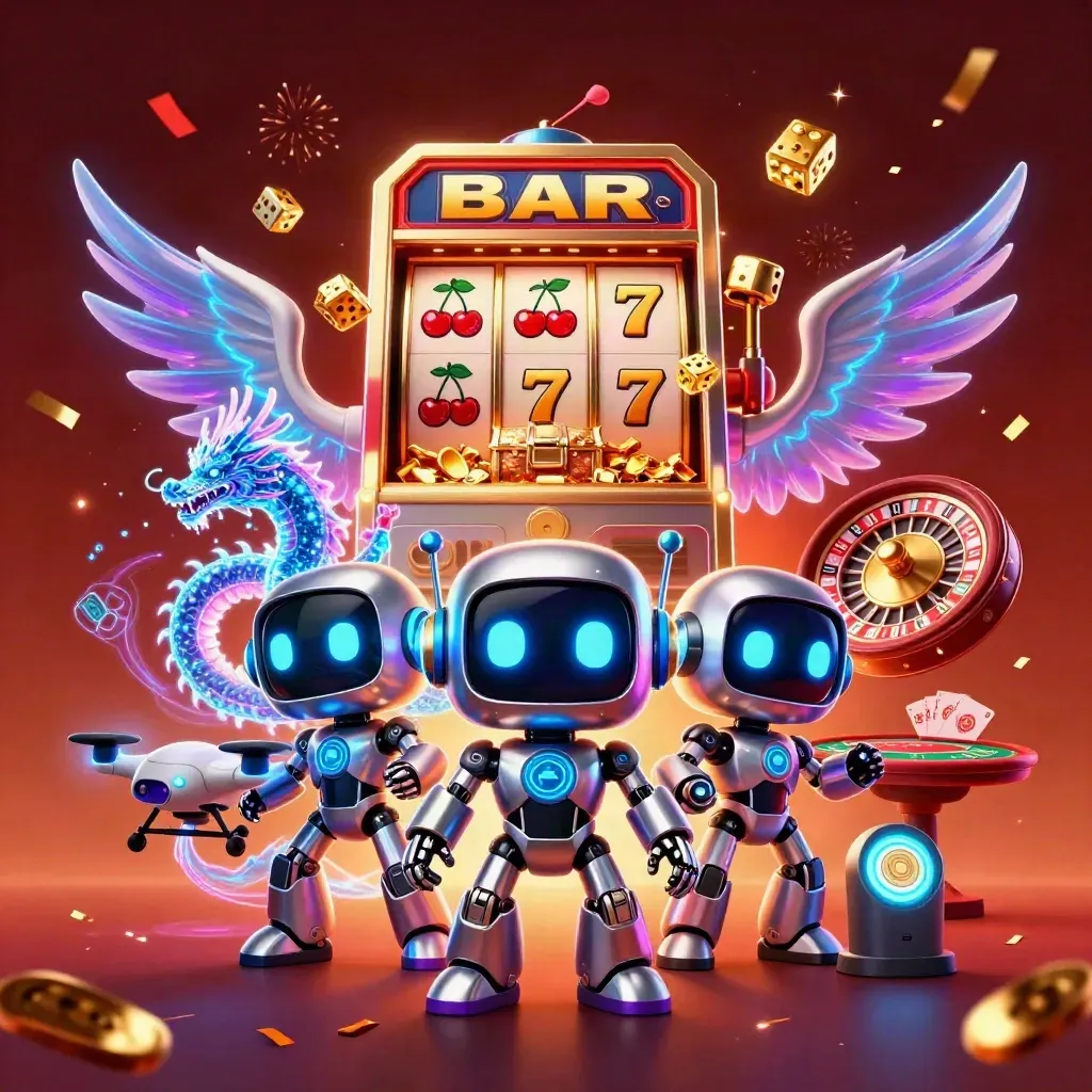 Cyberpunk robot, holographic dragon and coin drone amid slot bursts, gold, sparks and neon glow.