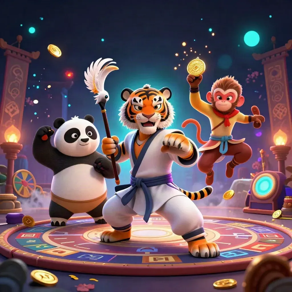 Kung-fu tiger, panda, and monkey amid casino relics, coins, petals, and neon magic