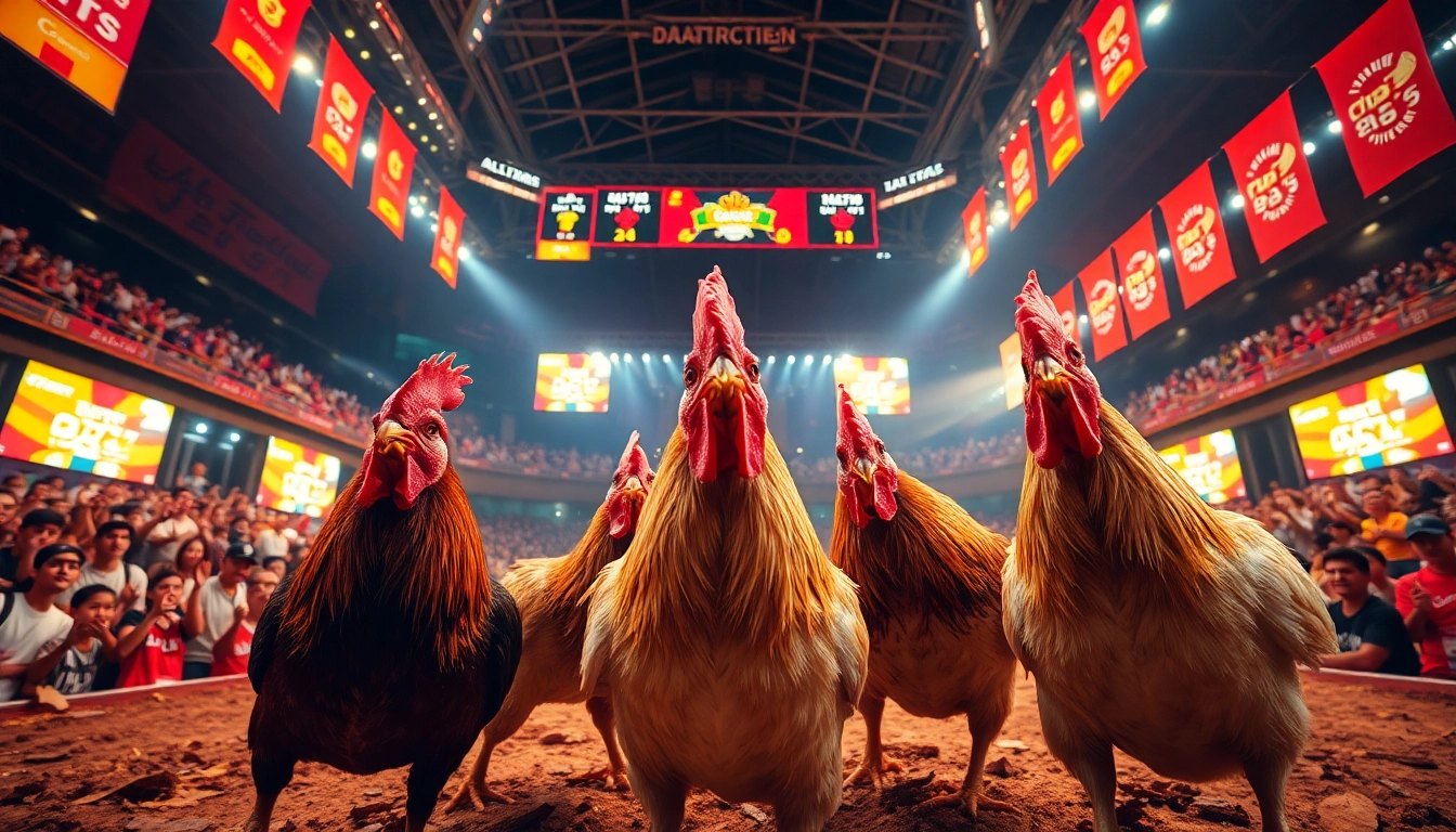 Exciting live cockfighting event at dagatructiep 1 arena, showcasing fighters and cheering crowd.