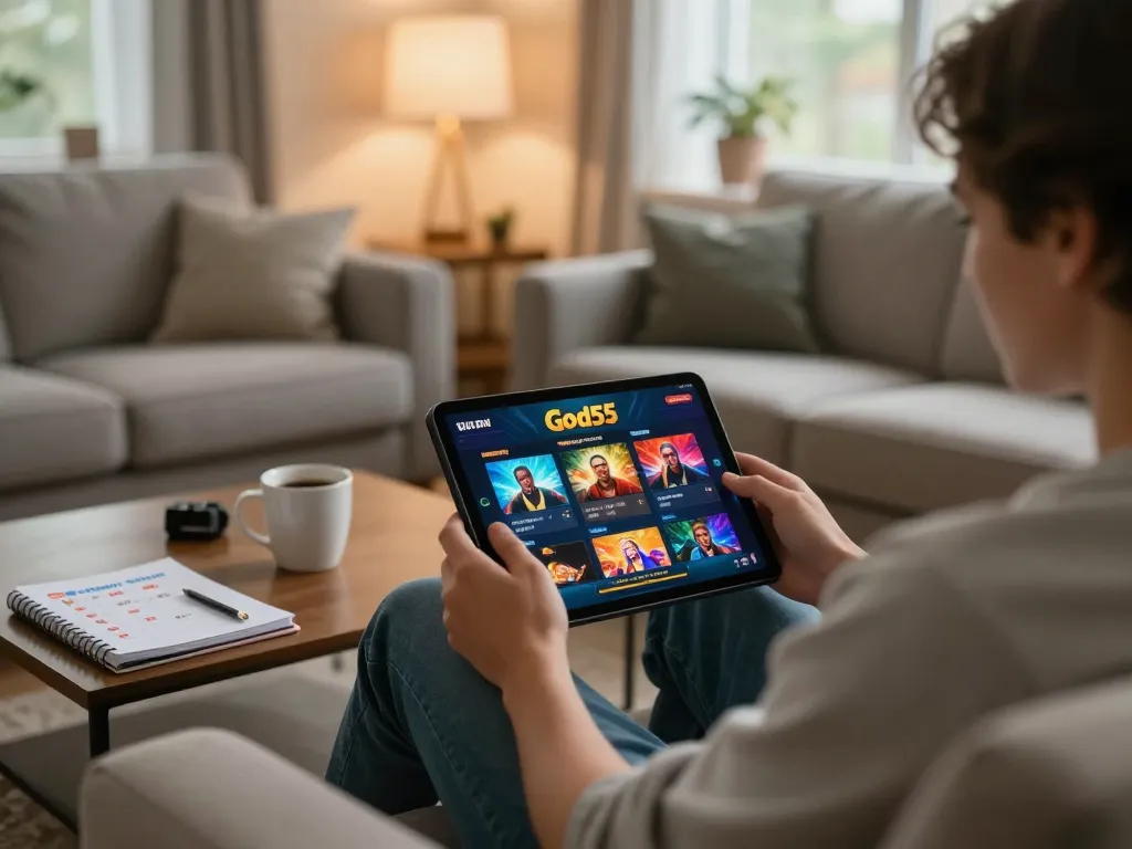 Engaging with God55 gaming app in a cozy home setting, showcasing personal gaming experience