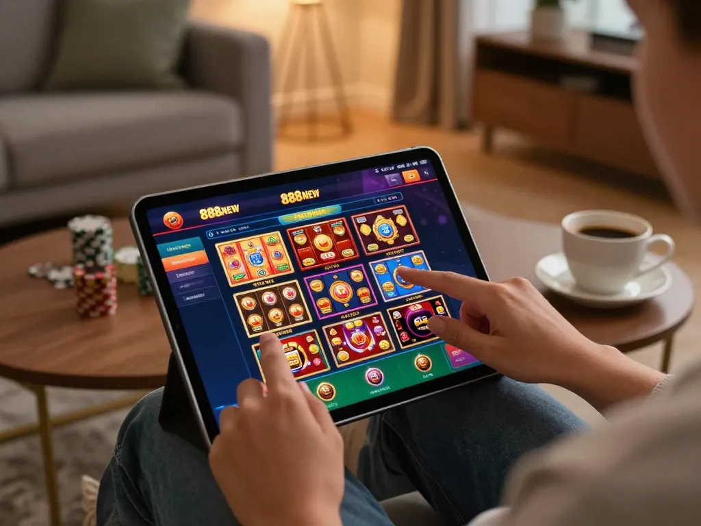 Engaging with online casino games on the Trang chủ 888NEW app, showcasing diverse game options and cozy atmosphere.