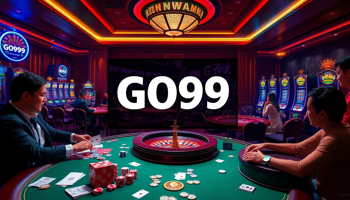 Experience the thrill of GO99 at a high-stakes casino with poker tables and slot machines.