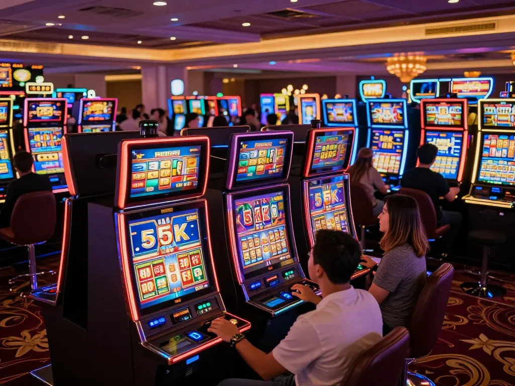 Players enjoying the excitement of slot 5k gaming at colorful slot machines.